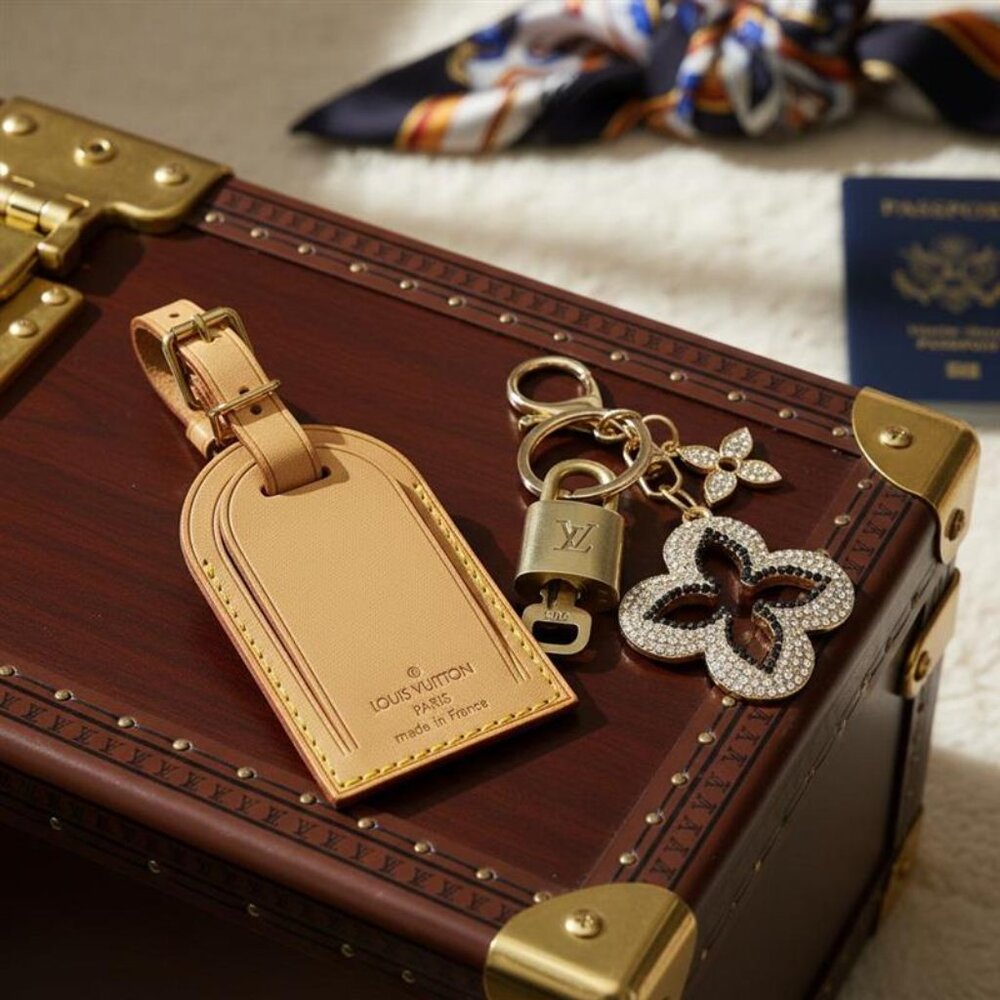 Authentic Louis Vuitton Tan Luggage Tag, Gold Padlock w/ Unbranded Keychain